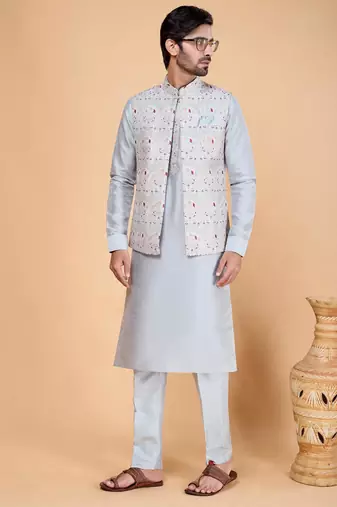 grey art silk 3 piece kurta nehru jacket set for men