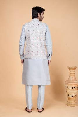grey art silk 3 piece kurta nehru jacket set for men 3