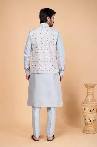 grey art silk 3 piece kurta nehru jacket set for men