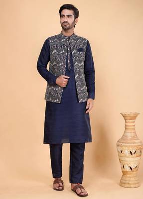 navy blue art silk 3 piece kurta nehru jacket set for men 1