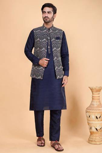 Navy blue art silk 3 piece kurta jacket set for men