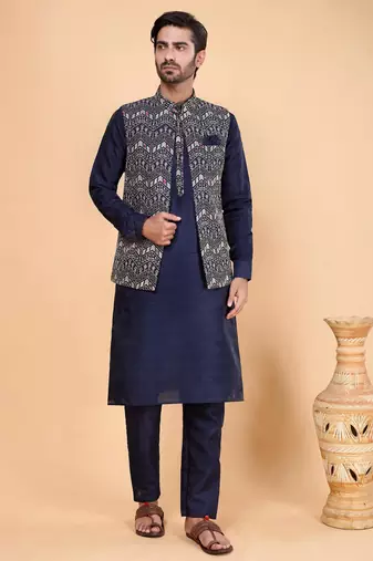 Navy blue art silk 3 piece kurta jacket set for men