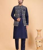 Navy blue art silk 3 piece kurta jacket set for men