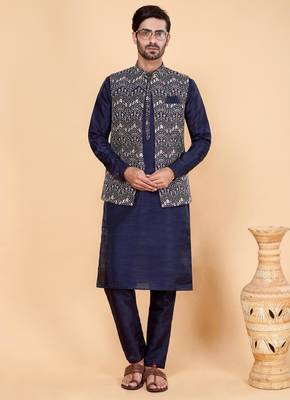 navy blue art silk 3 piece kurta nehru jacket set for men 2