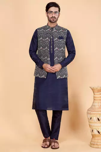 navy blue art silk 3 piece kurta nehru jacket set for men