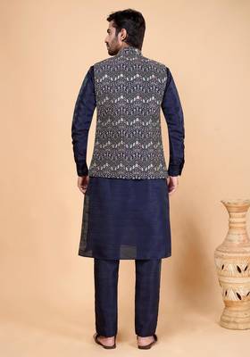 navy blue art silk 3 piece kurta nehru jacket set for men 3