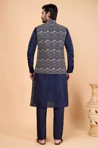 navy blue art silk 3 piece kurta nehru jacket set for men