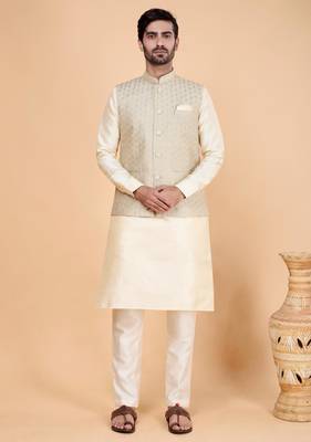 grey art silk 3 piece kurta nehru jacket set for men 1