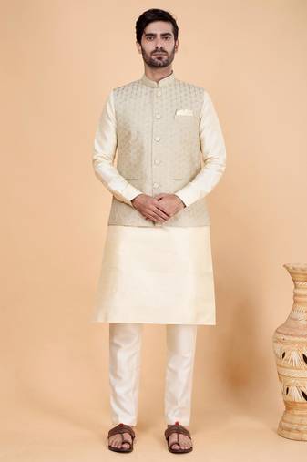 Grey art silk 3 piece kurta jacket set for men