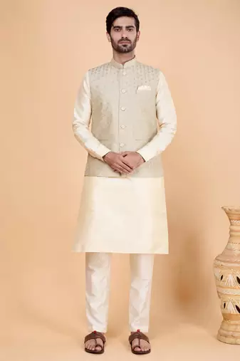 Grey art silk 3 piece kurta jacket set for men
