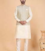 Grey art silk 3 piece kurta jacket set for men