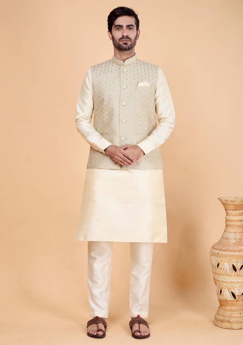 Grey art silk 3 piece kurta jacket set for men