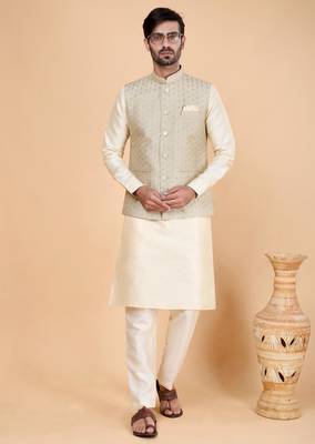 grey art silk 3 piece kurta nehru jacket set for men 2