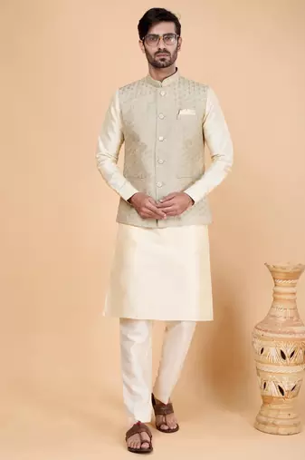 grey art silk 3 piece kurta nehru jacket set for men