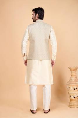 grey art silk 3 piece kurta nehru jacket set for men 3