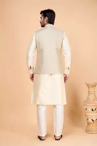 grey art silk 3 piece kurta nehru jacket set for men