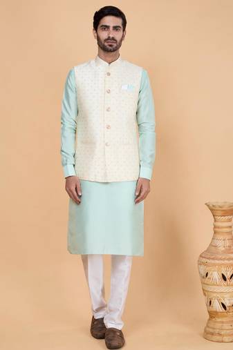 Cream jacquard 3 piece kurta jacket set for men