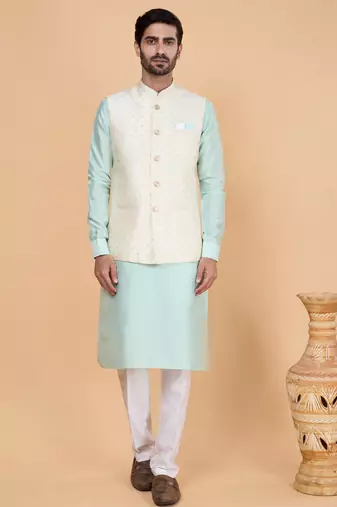 Cream jacquard 3 piece kurta jacket set for men