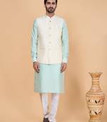 Cream jacquard 3 piece kurta jacket set for men