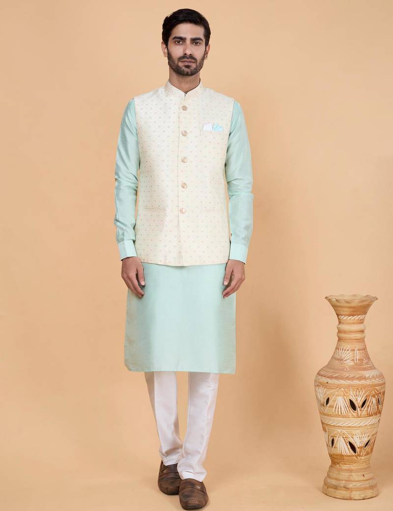 Cream jacquard 3 piece kurta jacket set for men