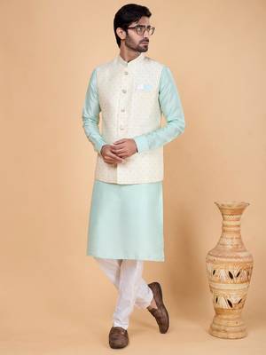cream jacquard 3 piece kurta nehru jacket set for men 2