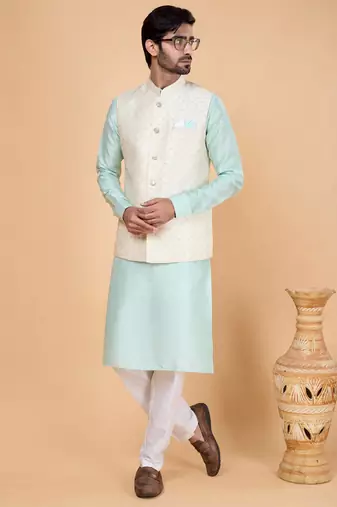 cream jacquard 3 piece kurta nehru jacket set for men