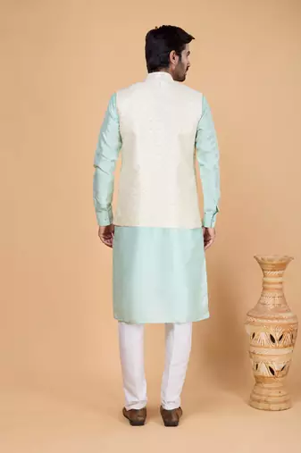 cream jacquard 3 piece kurta nehru jacket set for men