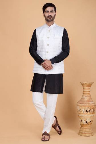 Off white art silk 3 piece kurta jacket set for men
