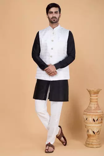 Off white art silk 3 piece kurta jacket set for men