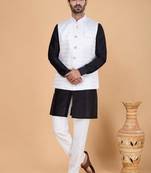 Off white art silk 3 piece kurta jacket set for men