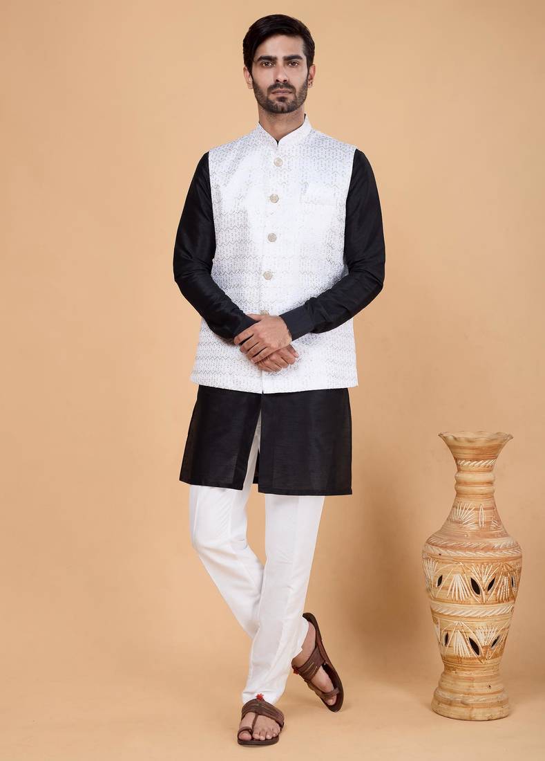 Off white art silk 3 piece kurta jacket set for men