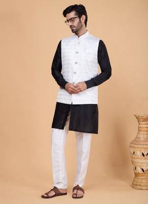 off white art silk 3 piece kurta nehru jacket set for men 2