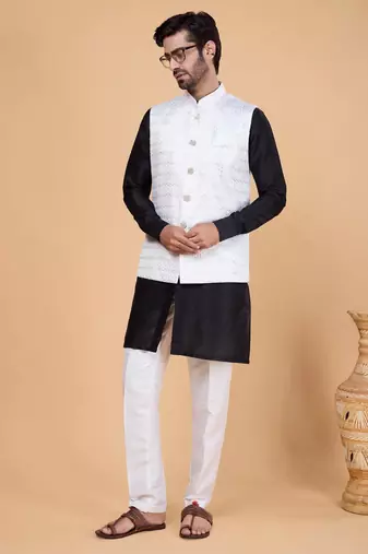 off white art silk 3 piece kurta nehru jacket set for men