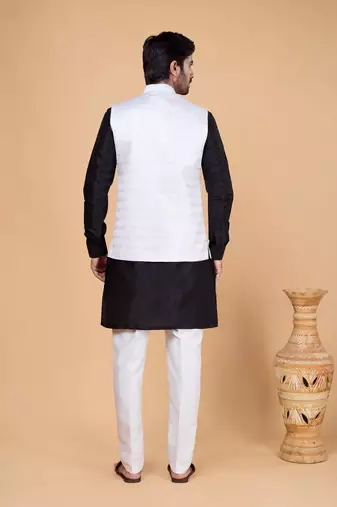 off white art silk 3 piece kurta nehru jacket set for men