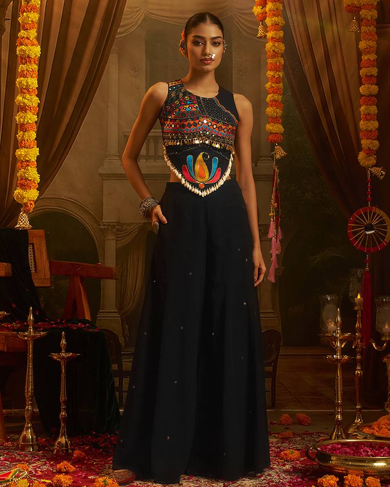 black georgette embroidered top with palazzo