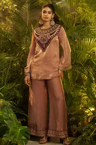 brown embroidered velvet kurta pant set