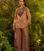 brown embroidered velvet kurta pant set