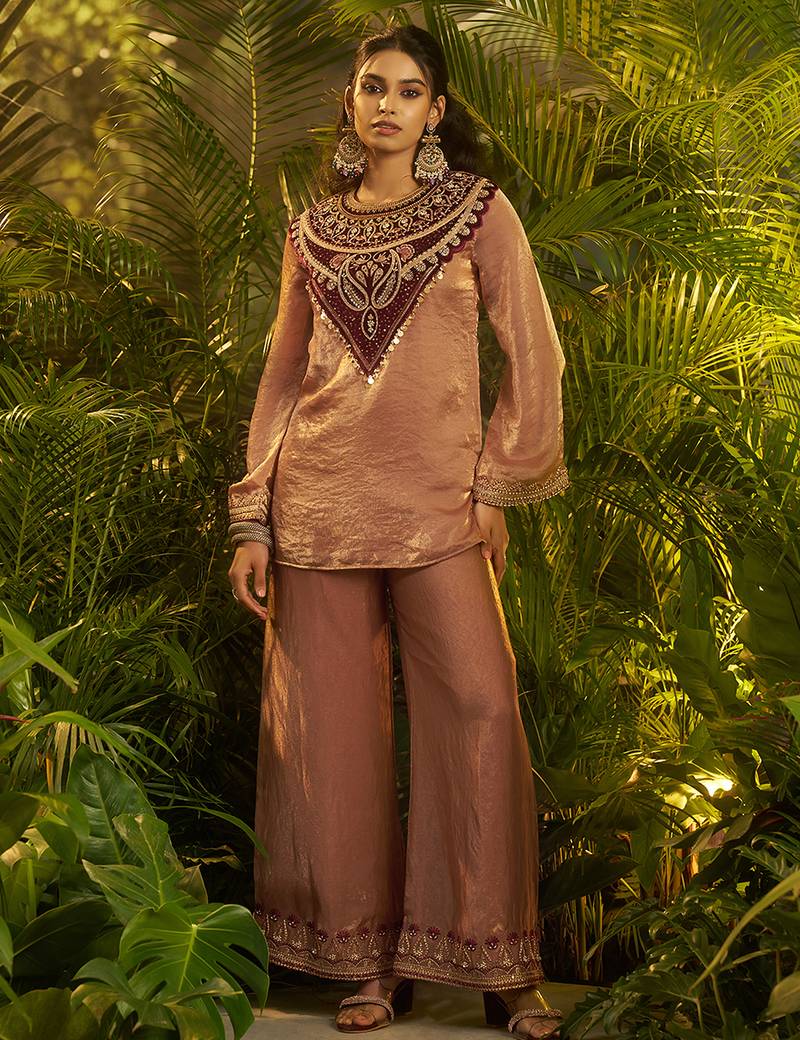 brown embroidered velvet kurta pant set
