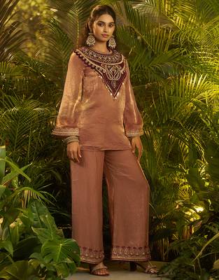 brown embroidered velvet kurta pant set 2