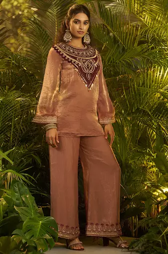brown embroidered velvet kurta pant set