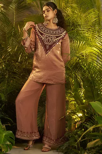 brown embroidered velvet kurta pant set