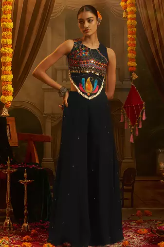 black georgette embroidered top with palazzo