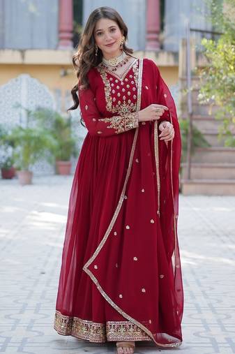 maroon embroidered anarkali with dupatta