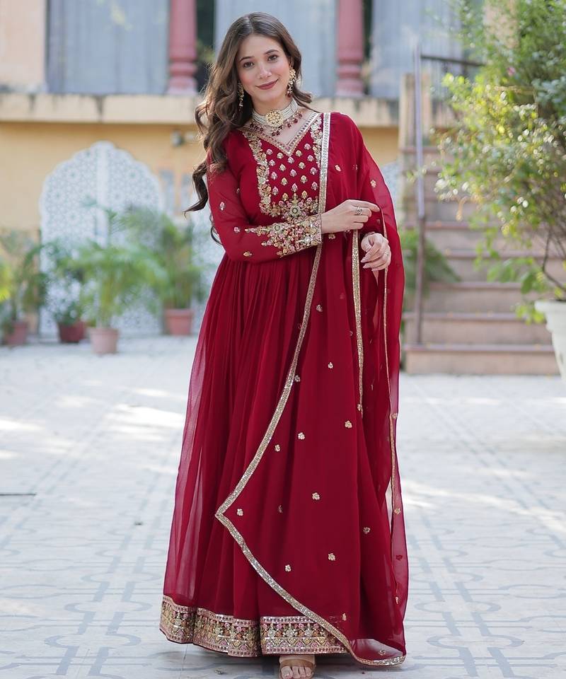 maroon embroidered anarkali with dupatta