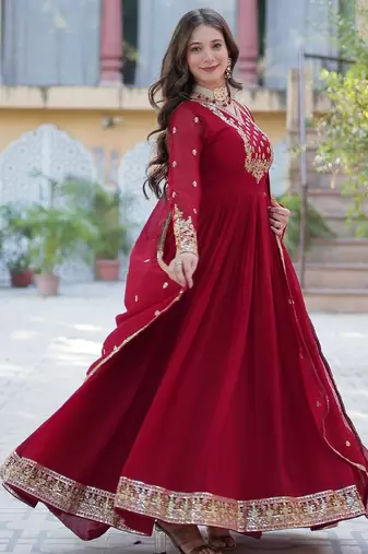 maroon embroidered anarkali with dupatta