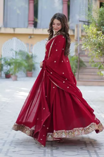 maroon embroidered anarkali with dupatta