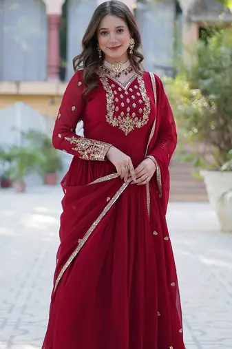 maroon embroidered anarkali with dupatta