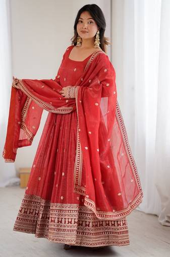 rust embroidered anarkali with dupatta
