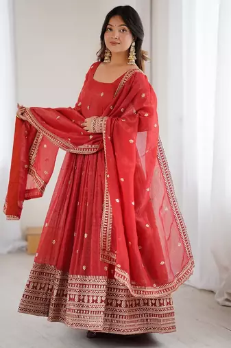 rust embroidered anarkali with dupatta