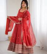 rust embroidered anarkali with dupatta